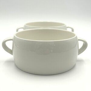 CB2 White Ceramic Double-Handled Soup Bowls, Set of 2, Minimalist Organic Modern